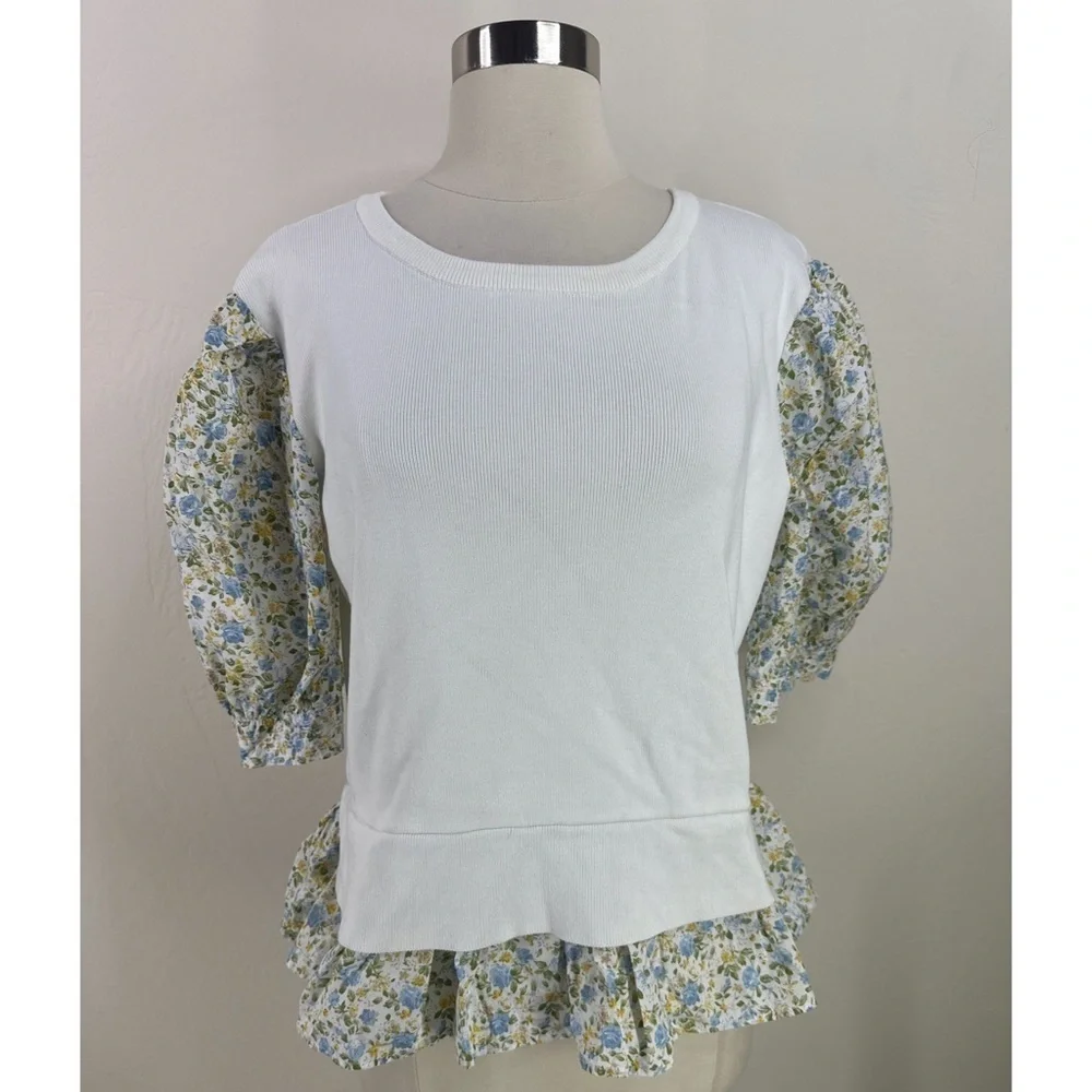 Anthropologie White Knit Top with Blue Floral Puff Sleeves